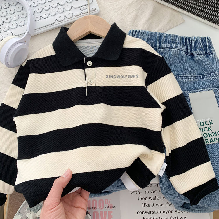 Boys striped sweatshirt 2023 new autumn style Korean style handsome casual POLO shirt for small and medium-sized children, versatile tops for children