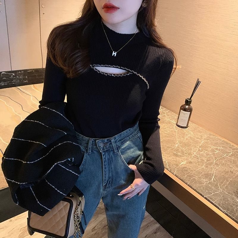 半高領毛衣女2023年新款秋冬洋氣時髦時尚性感釘珠鏤空針織打底衫