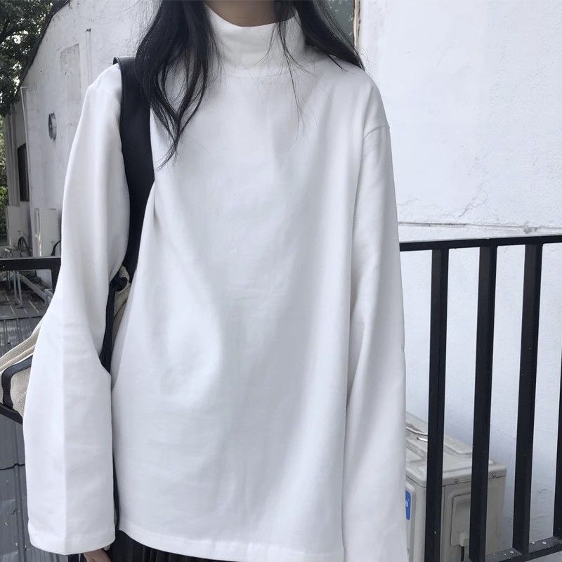 白色軟糯德絨打底衫女內搭秋冬季寬鬆半高領保暖上衣長袖加厚t恤