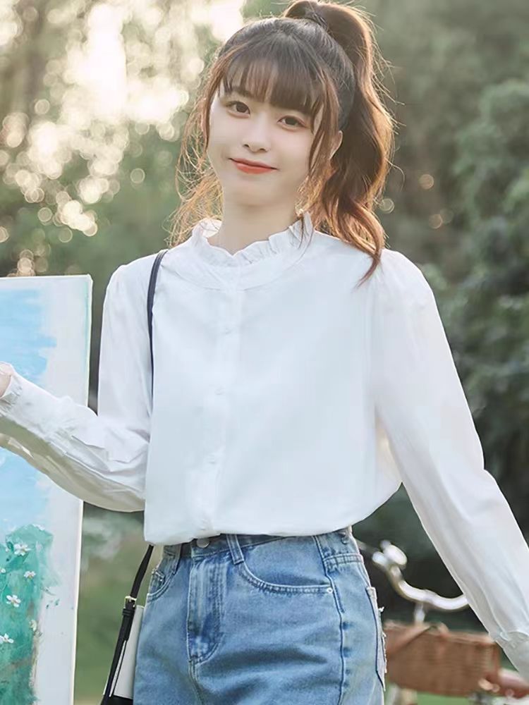 CONGRAZIO日系荷葉花邊領襯衫女設計感小眾2023年秋襯衣森系小衫
