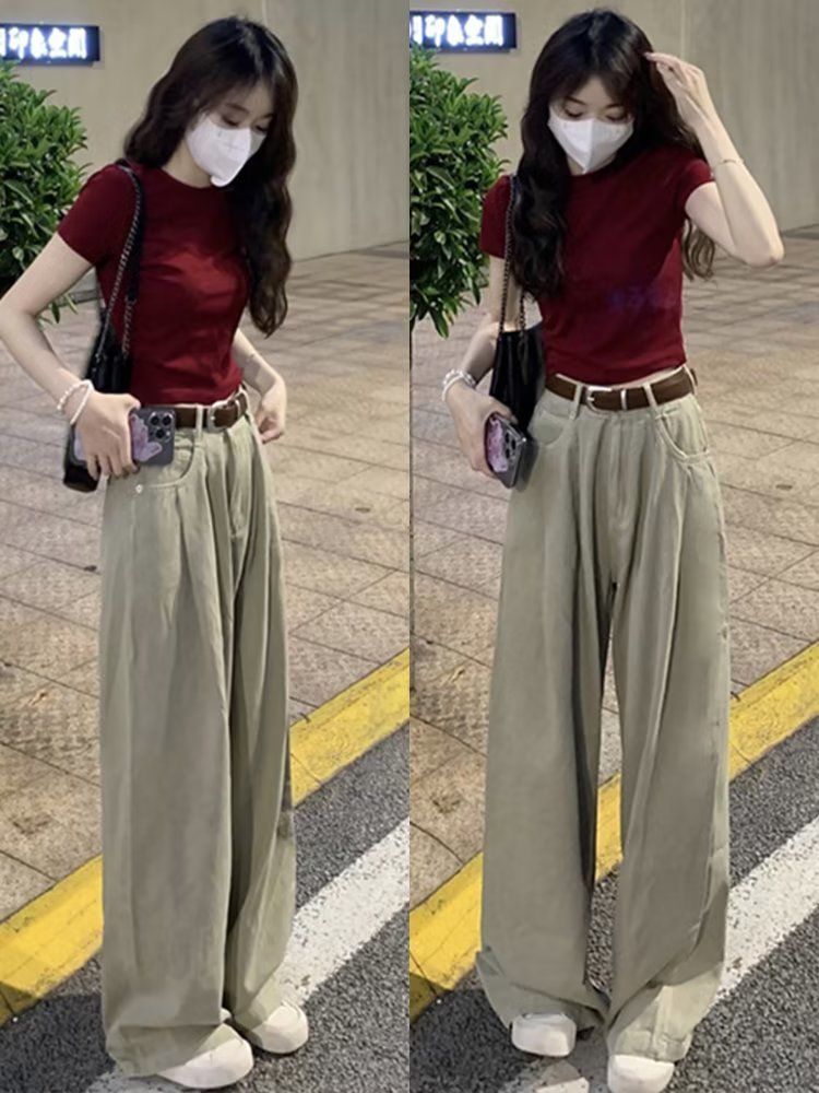 高腰褶皺闊腿牛仔褲女2023年春秋季顯瘦百搭歐美設計感拖地直筒褲
