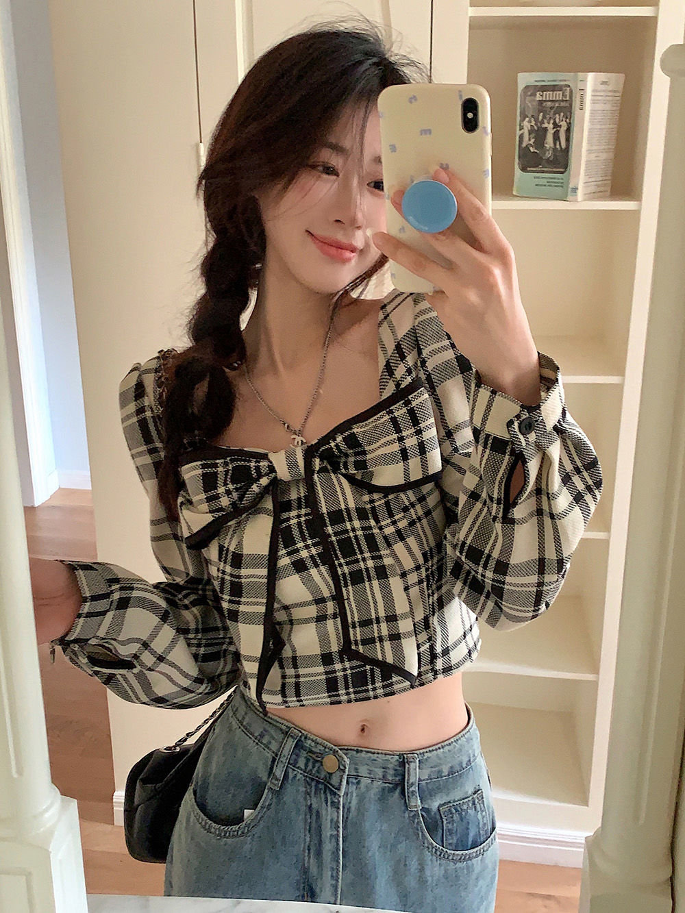 Autumn new bow plaid top design niche French long-sleeved shirt French design sense