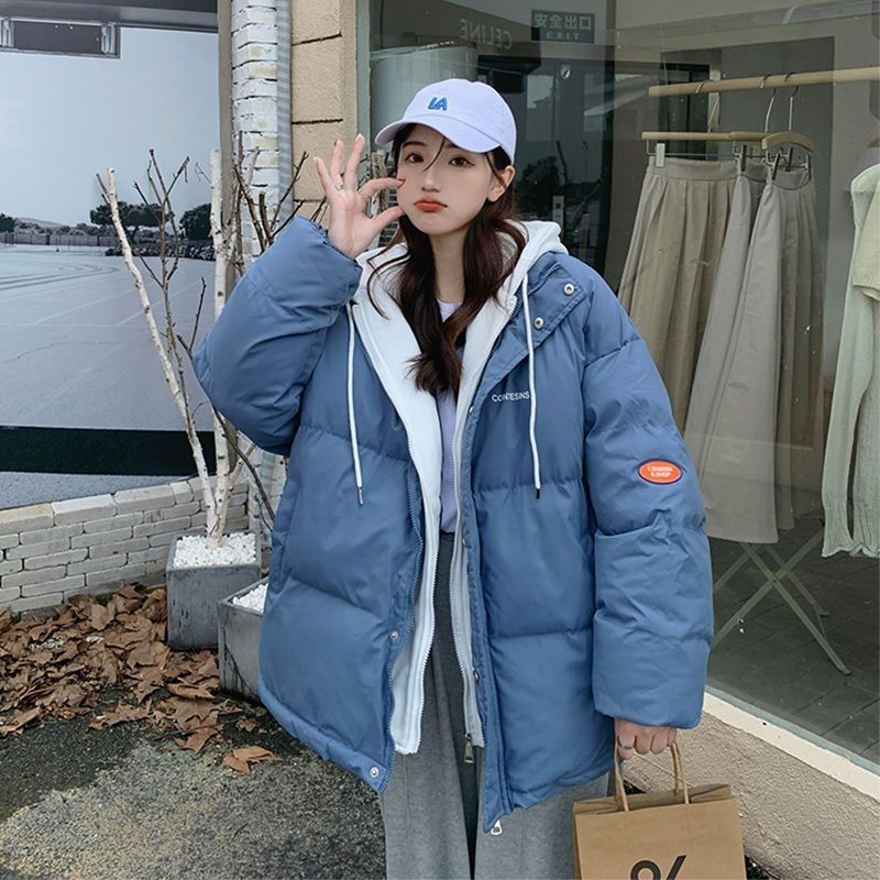 假兩件羽絨棉服女短款冬新款棉衣外套連帽大碼寬鬆加厚棉襖麵包服