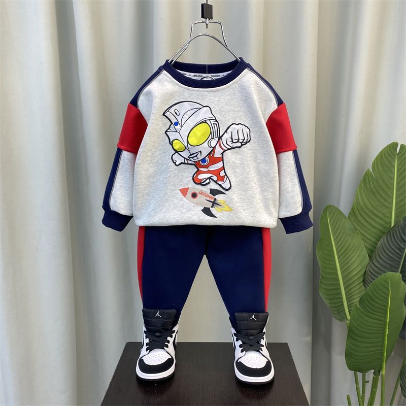 奧特曼男童衣服2023新款洋氣寶寶春秋裝衛衣兒童酷帥炸街運動套裝