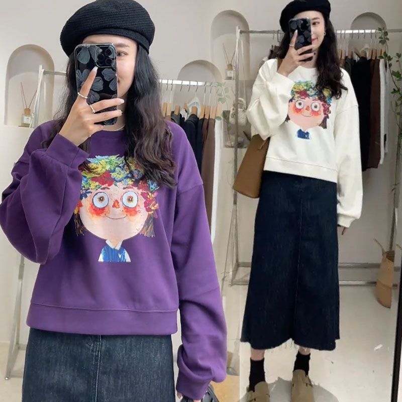 藍海奕諾圓領卡通寬鬆套頭衛衣女2023秋季新款設計感顯瘦慵懶上衣