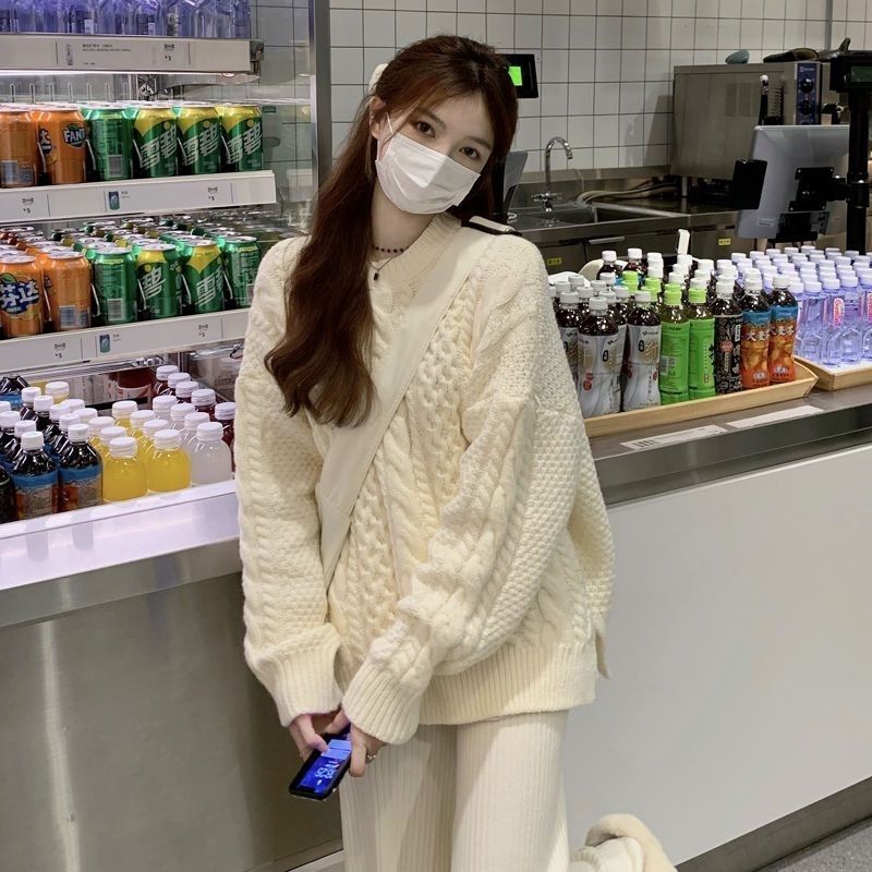 溫柔風毛衣女秋冬新款韓系麻花針織套頭外穿寬鬆加厚長袖上衣ins