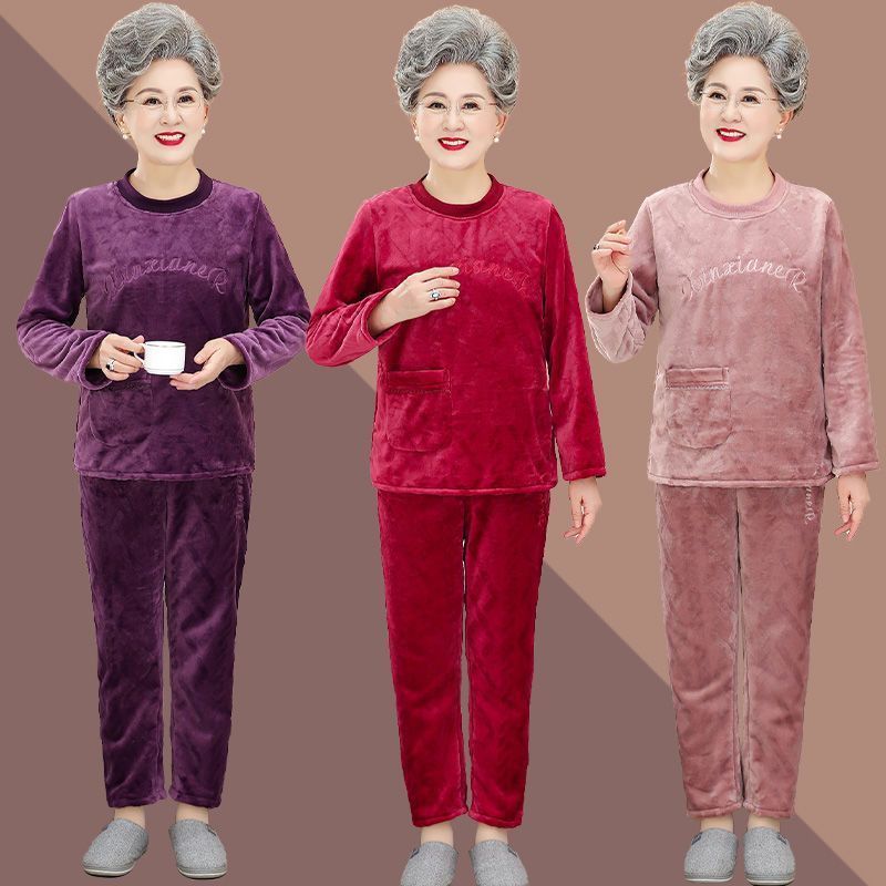 中年媽媽加厚珊瑚絨睡衣女秋冬季中老年法蘭絨加絨大碼家居服套裝