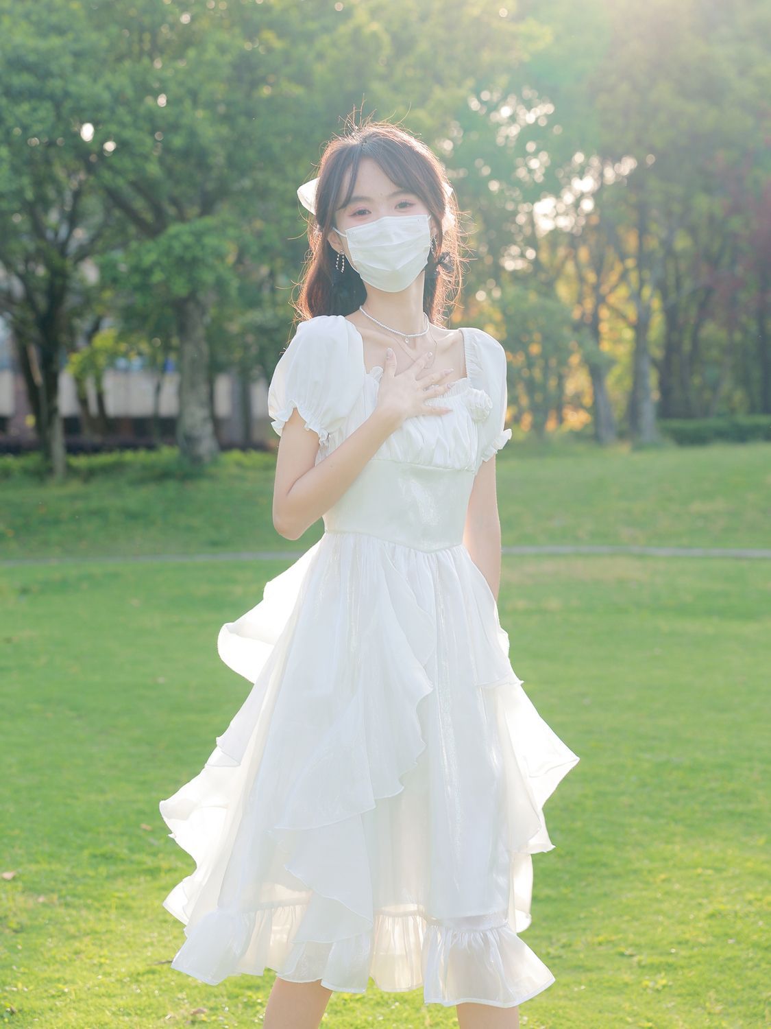 超仙白月光裙子夏季設計感重工荷葉邊收腰仙女裙白色泡泡袖連衣裙
