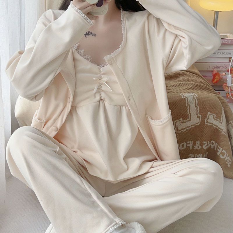 德絨睡衣女春秋款長袖寬鬆韓版甜美休閒薄款三件套外穿家居服冬季