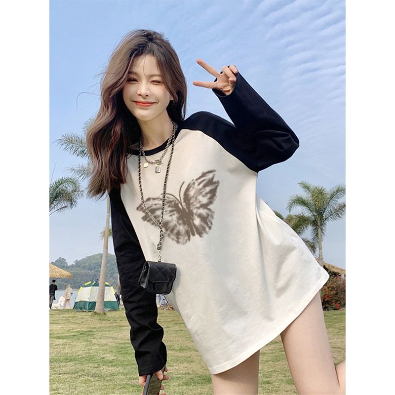 黑白撞色插肩長袖t恤女2023春秋新款寬鬆港味chic上衣內搭打底衫
