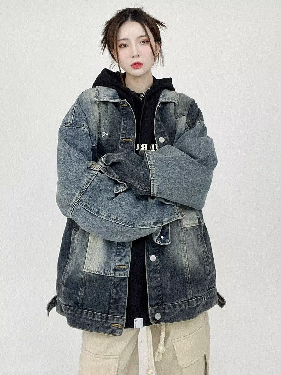 秋冬季美式復古藍拼接牛仔外套男女寬鬆小眾設計感拼色夾克上衣