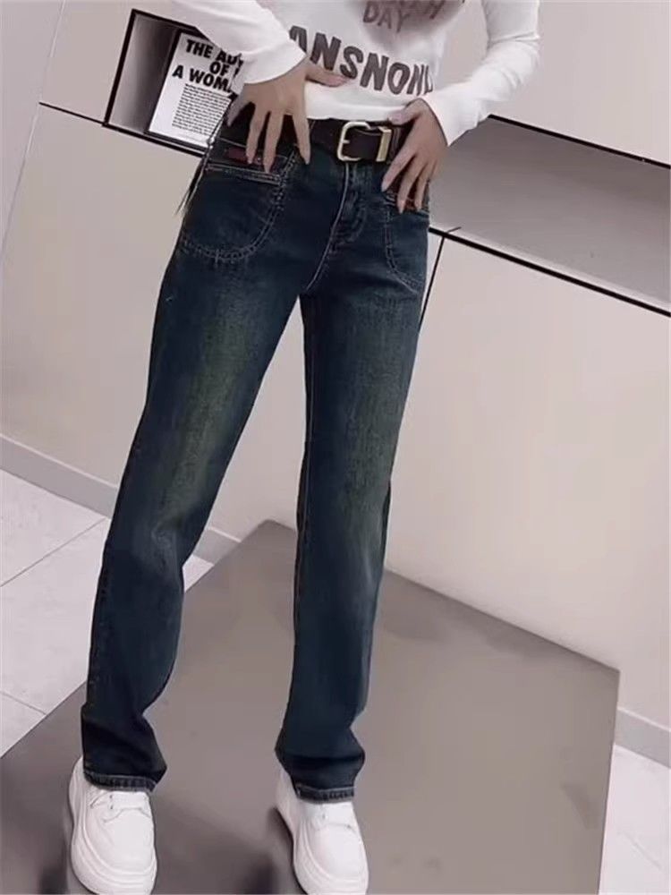 大碼女裝2023年秋季復古高腰百搭直筒牛仔褲胖mm顯瘦窄版拖地褲