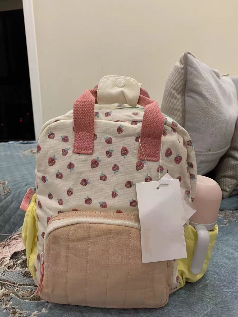 2023 New Canvas Strawberry Backpack for Children and Girls Dopamine Color Matching Backpack Cute Casual Travel School Bag