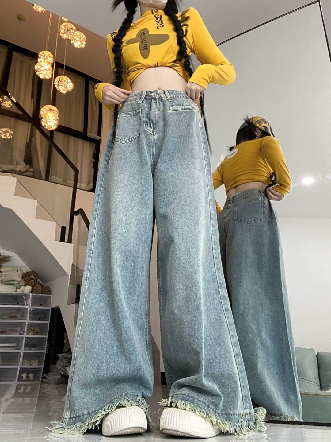美式復古闊腿牛仔褲女秋季新款小眾設計感高腰毛邊流蘇拖地長褲子