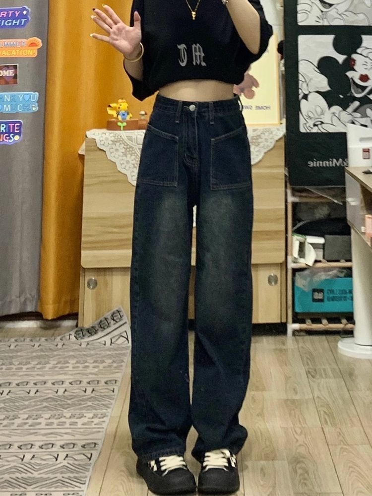 高街復古設計感直筒牛仔褲女秋季新款高腰寬鬆顯瘦墜感闊腿褲子潮