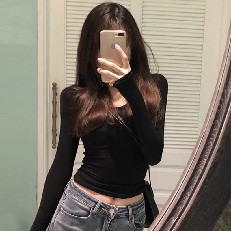 純欲風兩色長袖t恤女秋季辣妹修身顯瘦內搭打底衫短款百搭上衣潮