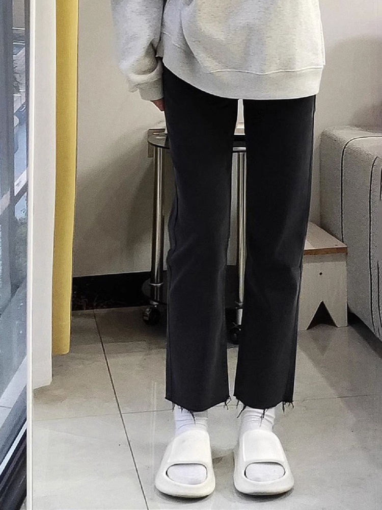 黑色毛邊直筒牛仔褲女秋季新款高腰寬鬆遮肉顯瘦百搭煙管九分褲子