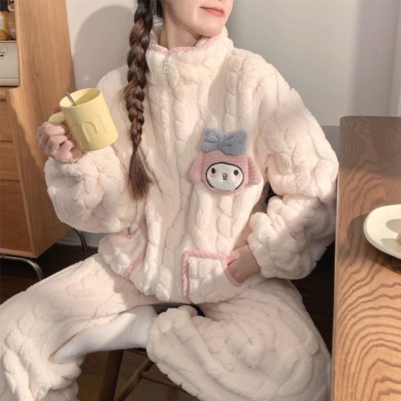 珊瑚絨睡衣女秋冬季加絨加厚2023年新款拉鏈卡通法蘭絨冬天家居服