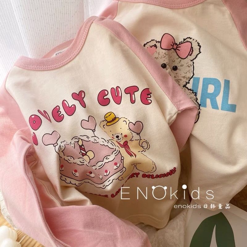 Girls pure cotton pink raglan long sleeve 23 spring baby Korean cute style cake bear bottoming shirt printed T-shirt