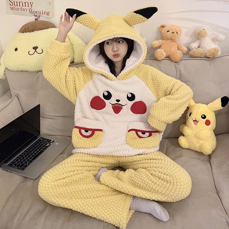 卡通慵懶秋冬珊瑚絨睡衣女款家居服套裝加厚加絨寬鬆版可愛可外穿