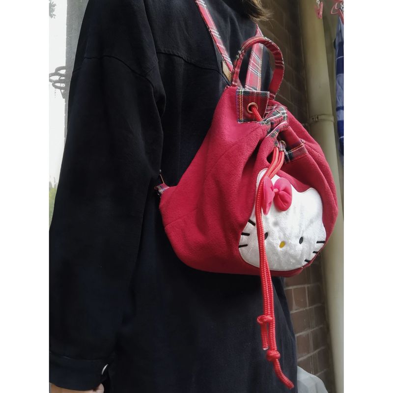 Japanese cute Hello kitty retro red plaid plush backpack college style super Christmas small backpack for women