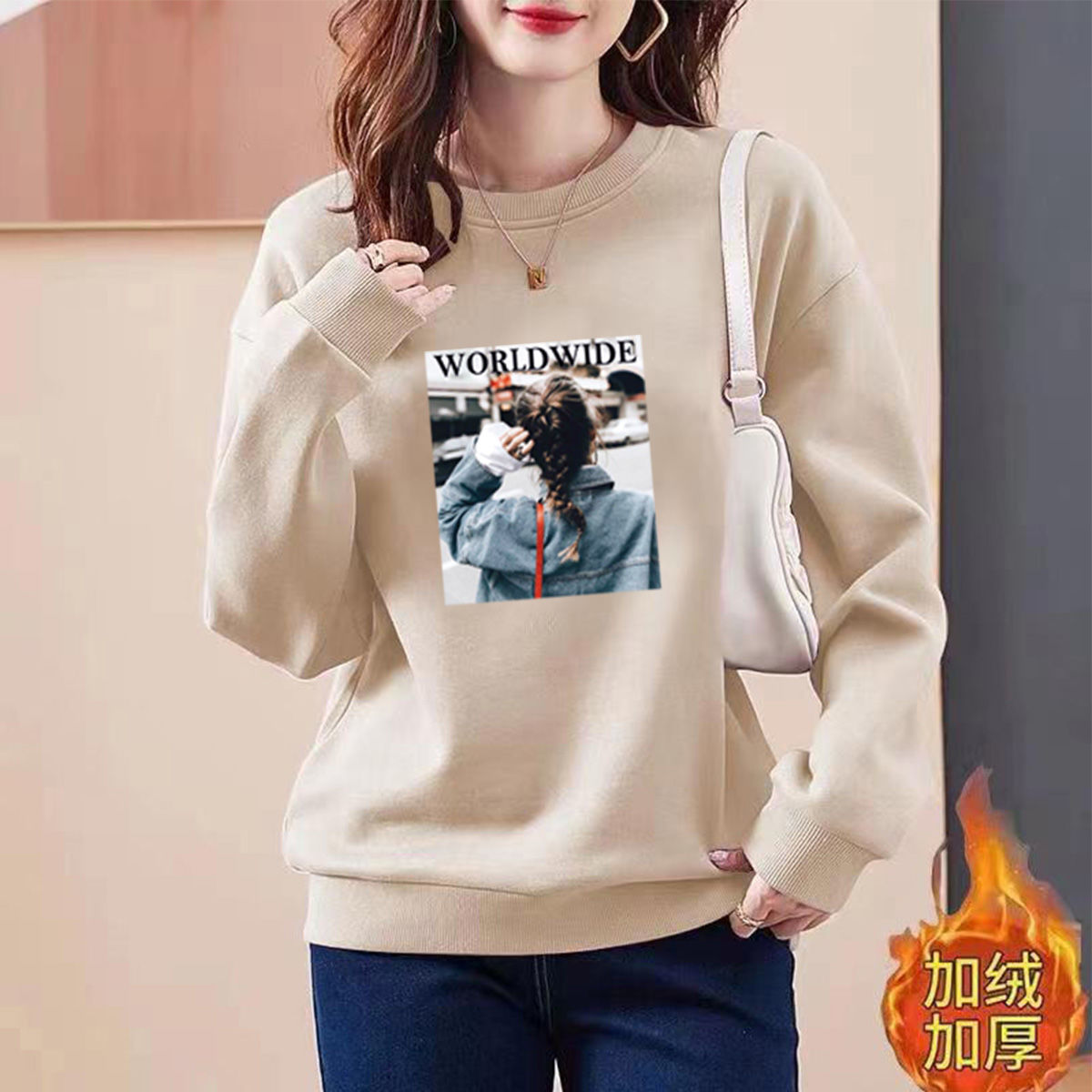 加絨保暖圓領超火衛衣女外穿ins潮秋冬新款寬鬆學生百搭打底上衣