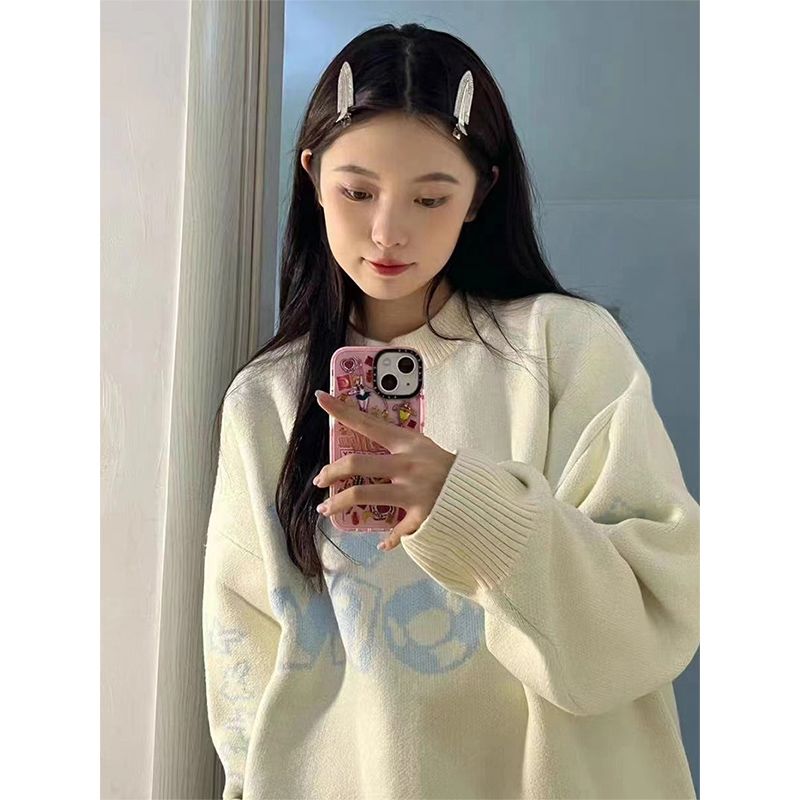 白色毛衣女春秋新款美式慵懶風寬鬆字母印花減齡針織上衣