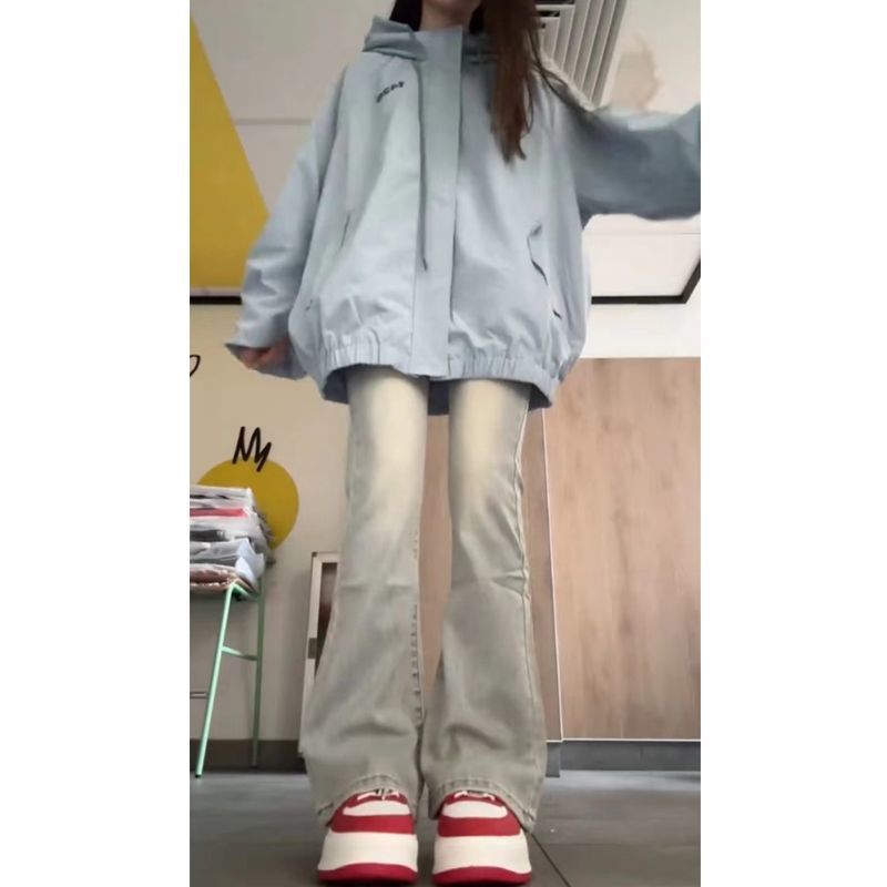 美式高街微喇牛仔褲女秋冬新款直筒小個子顯瘦高腰窄版闊腿褲子潮