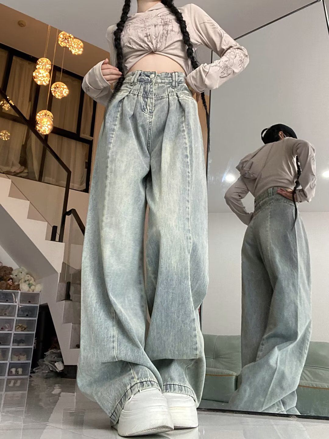 美式復古做舊牛仔褲女秋冬新款大碼高腰顯瘦百搭寬鬆直筒闊腿長褲