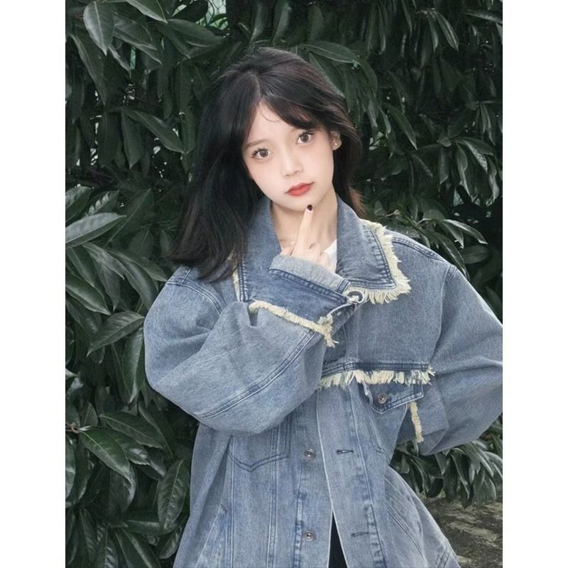 流蘇毛邊牛仔外套女小個子春秋韓版寬鬆2023新款學生時尚秋季上衣