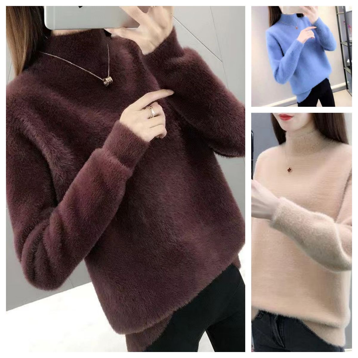 加厚仿水貂絨毛衣女秋冬新款韓版寬鬆高領套頭百搭針織打底衫上衣