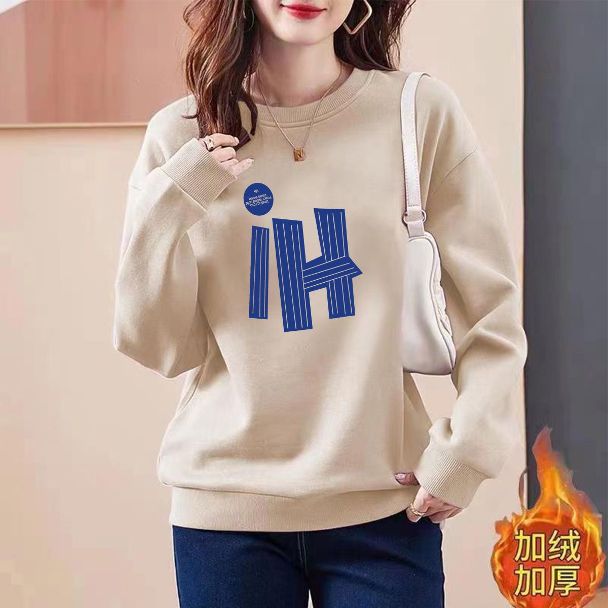 棉圓領加絨衛衣女秋冬新款時尚學院風韓版寬鬆休閒百搭顯瘦上衣服
