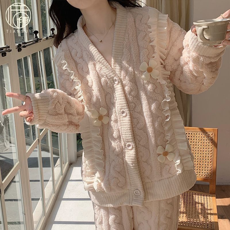 2023年珊瑚絨睡衣女秋冬季加絨加厚保暖高級感簡約法蘭絨家居服