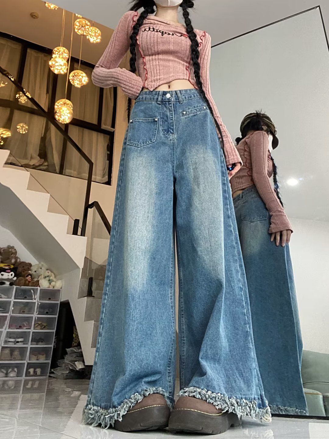 毛邊復古闊腿牛仔褲女秋季2023年新款設計感高腰寬鬆垂感拖地褲裙