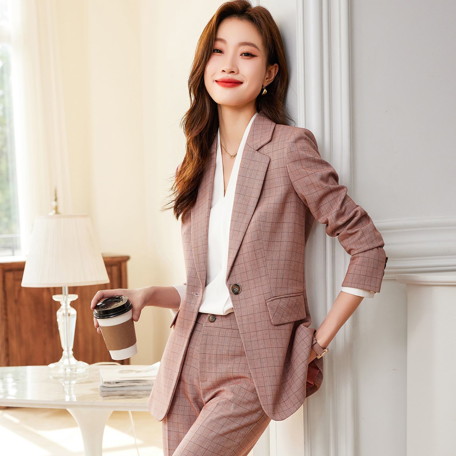 格子西裝套裝女2023新款時尚洋氣西服正裝高級感幹練職業裝兩件套
