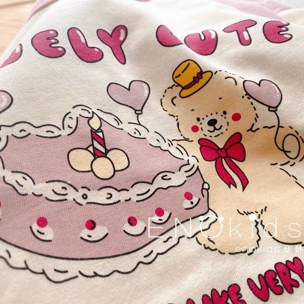 女童纯棉粉色插肩长袖23春宝宝韩国可爱洋气蛋糕熊打底衫印花T恤