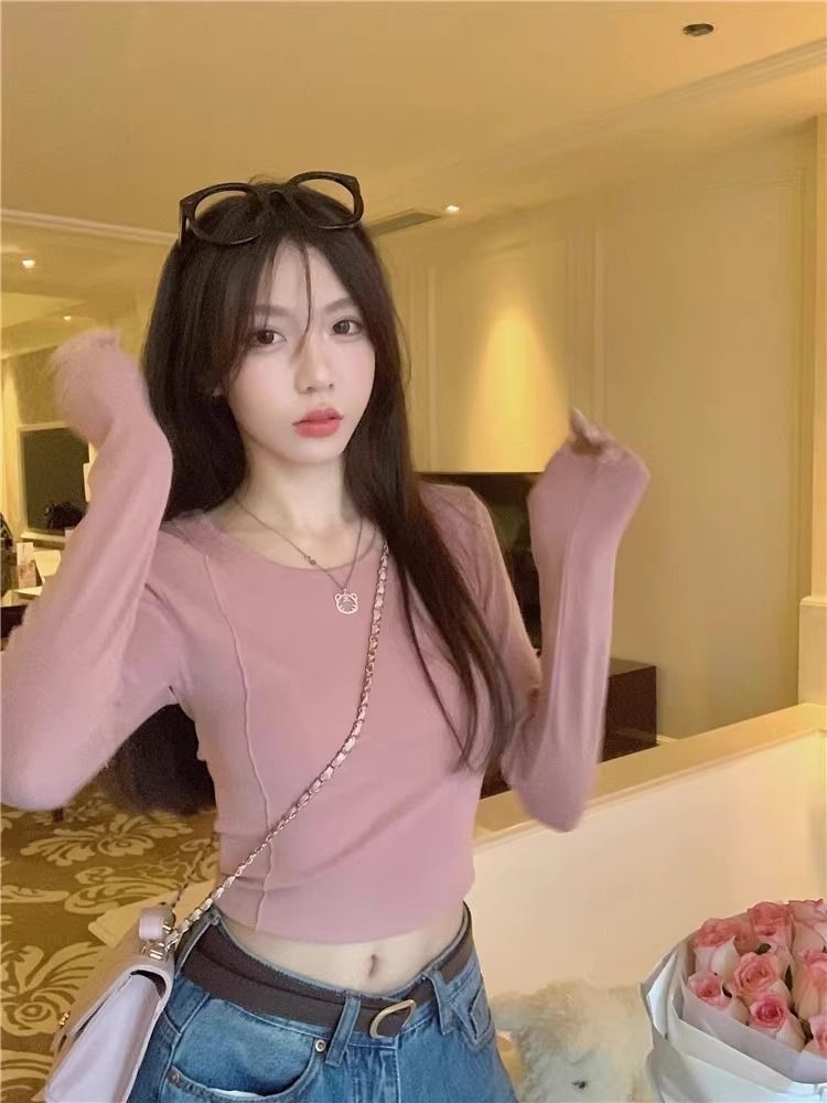 小眾甜美德絨長袖打底衫T恤女秋季修身顯瘦短款露臍內搭上衣ins潮