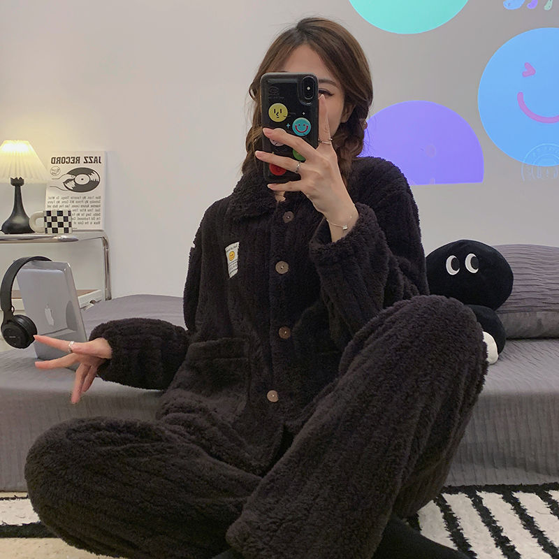 黑色珊瑚絨睡衣女秋冬季加厚加絨2023年新款簡約開衫秋冬天家居服