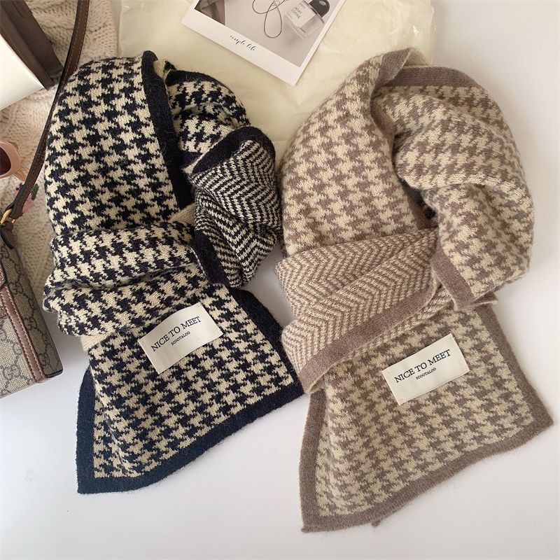 Houndstooth scarf for women winter imitation cashmere 2023 new Korean style versatile student couple knitted warm scarf for men