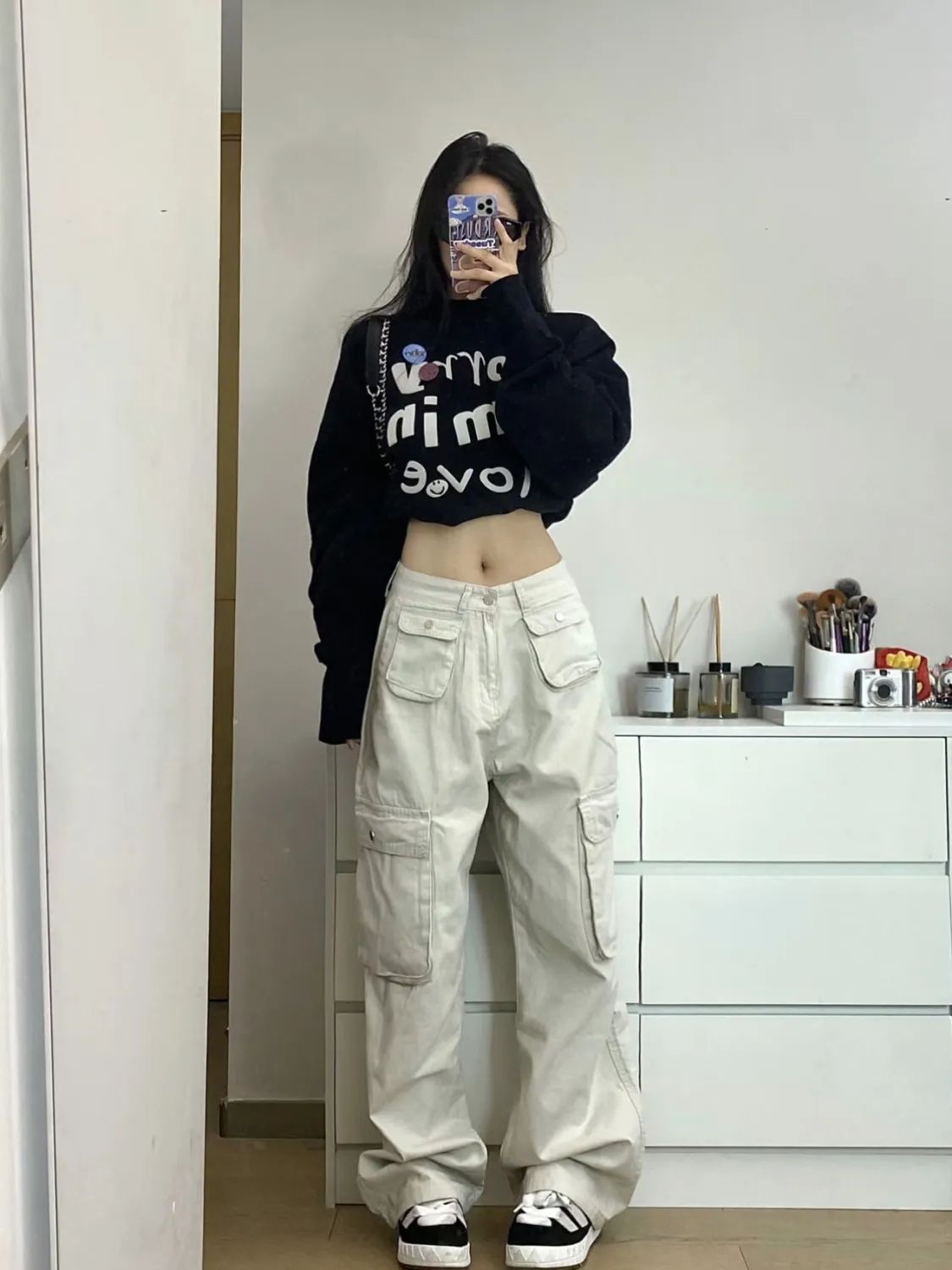 美式復古多口工裝褲秋季女高街寬鬆顯瘦高腰直筒闊腿休閒褲潮ins
