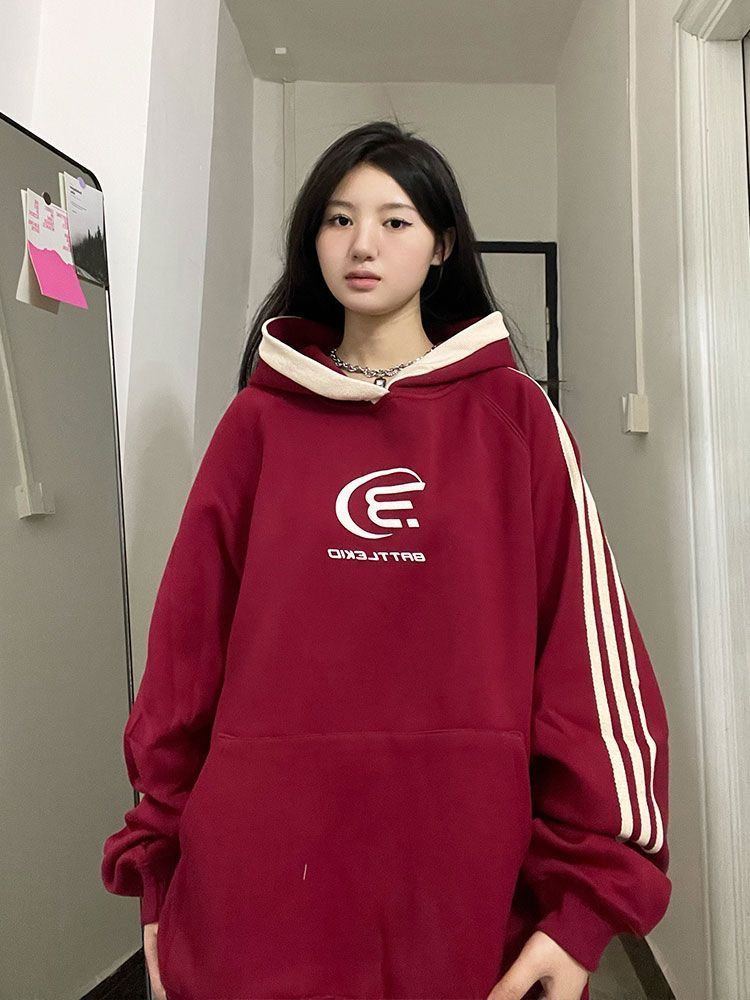 純棉不起球國潮美式復古拼接插肩連帽衛衣男女高街情侶織帶上衣女