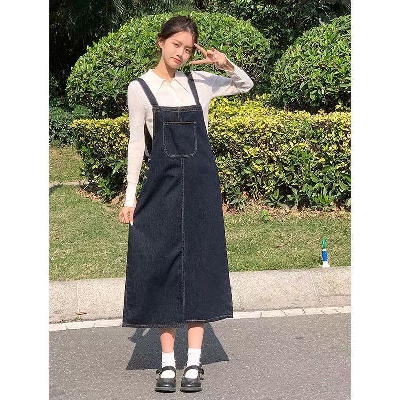 法式牛仔吊帶背帶裙a字連衣裙女秋2023新款春氣質小裙子秋冬長裙