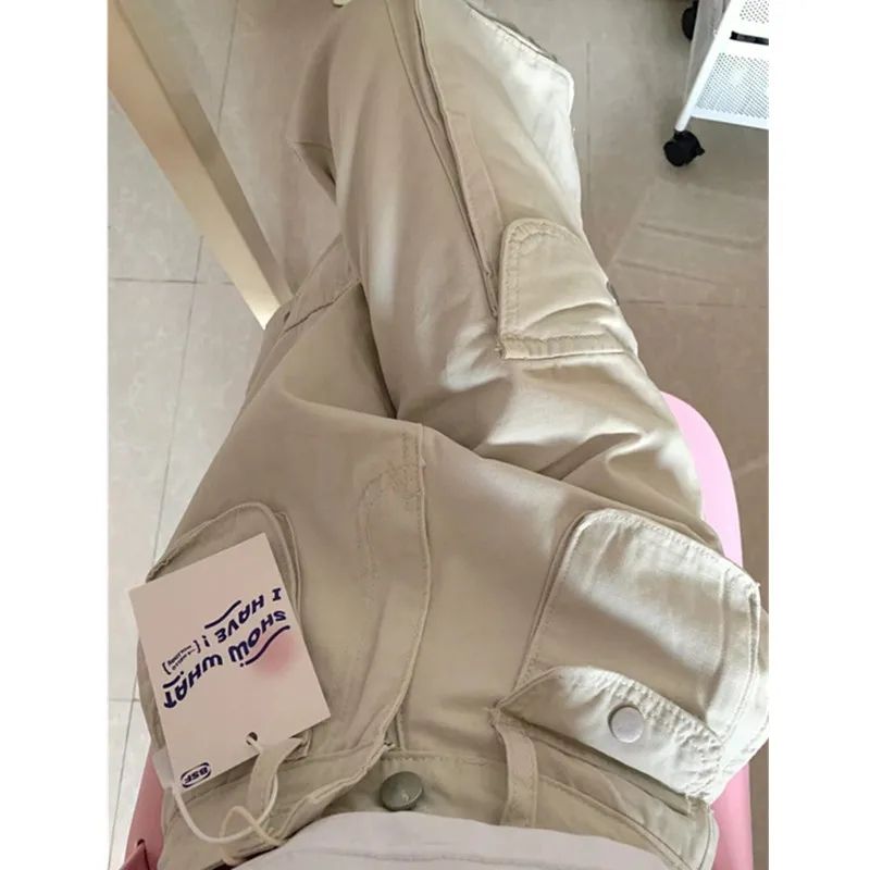 春秋新款沙白色復古工裝褲設計感高街多口袋休閒寬鬆直筒牛仔褲女