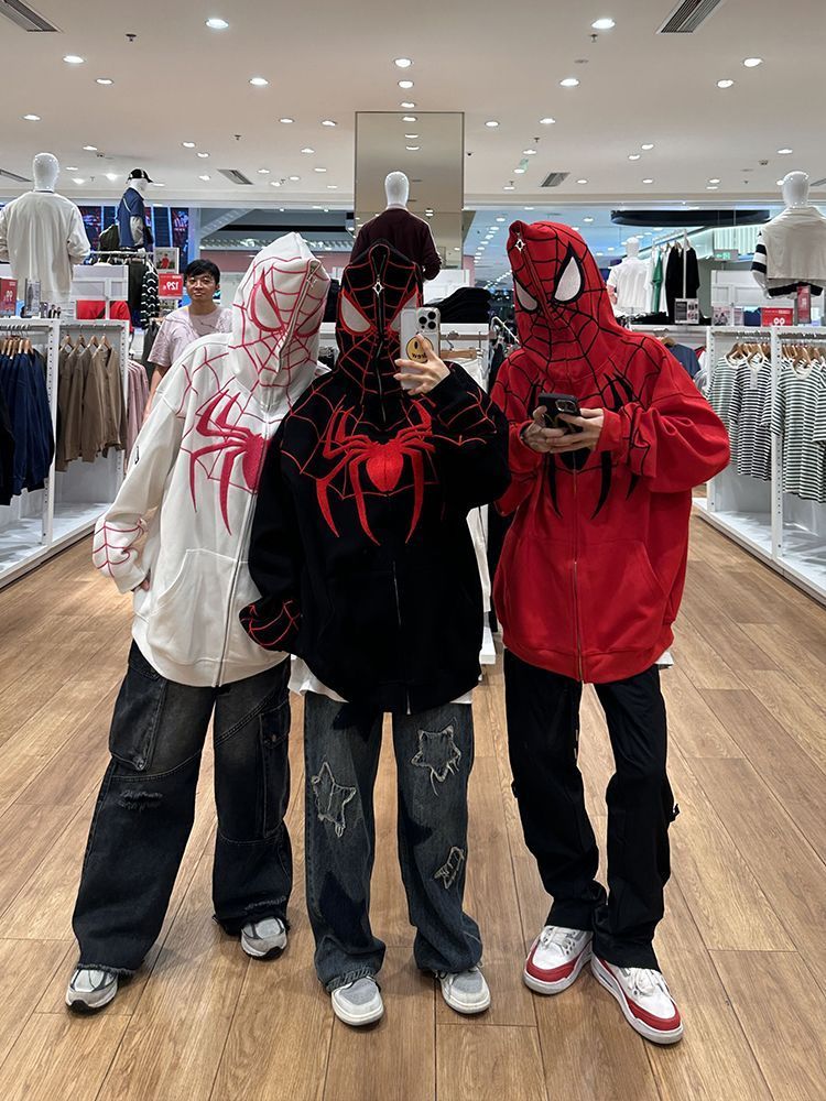 美式hiphop潮牌蜘蛛印花外套秋季原創重磅男女休閒街頭連帽衛衣薄