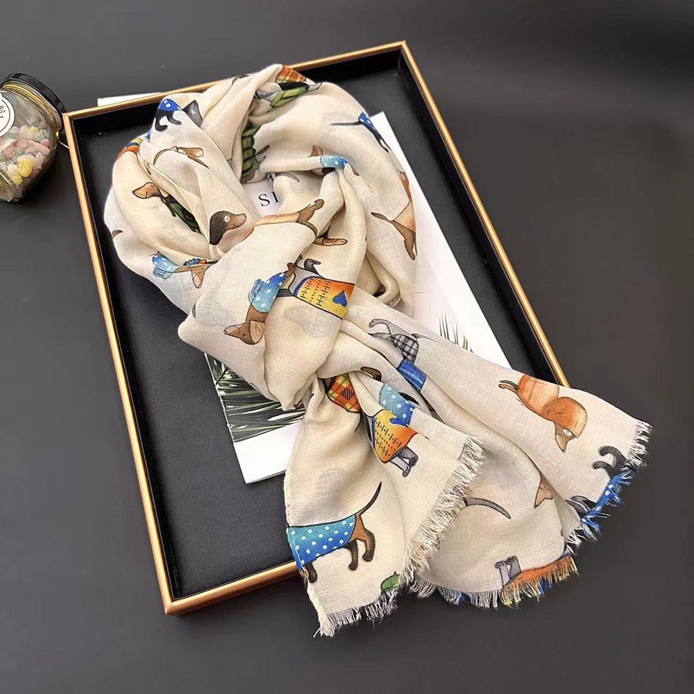 Sciarpa donna in cotone e lino con stampa cane stola estiva_voghion.com