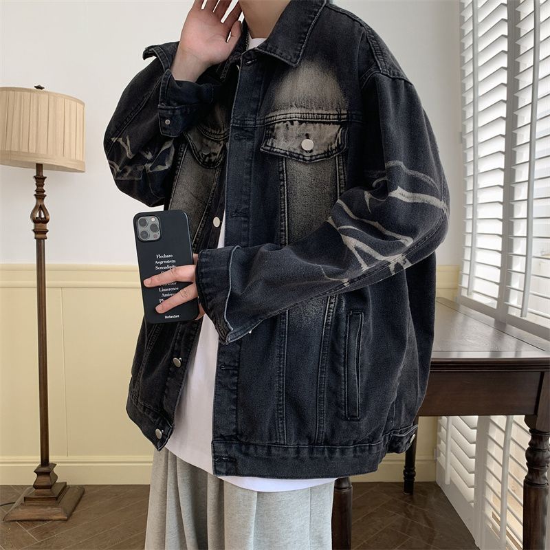 美式漸變牛仔外套男春秋季高街潮牌復古寬鬆潮流水洗衣服工裝夾克