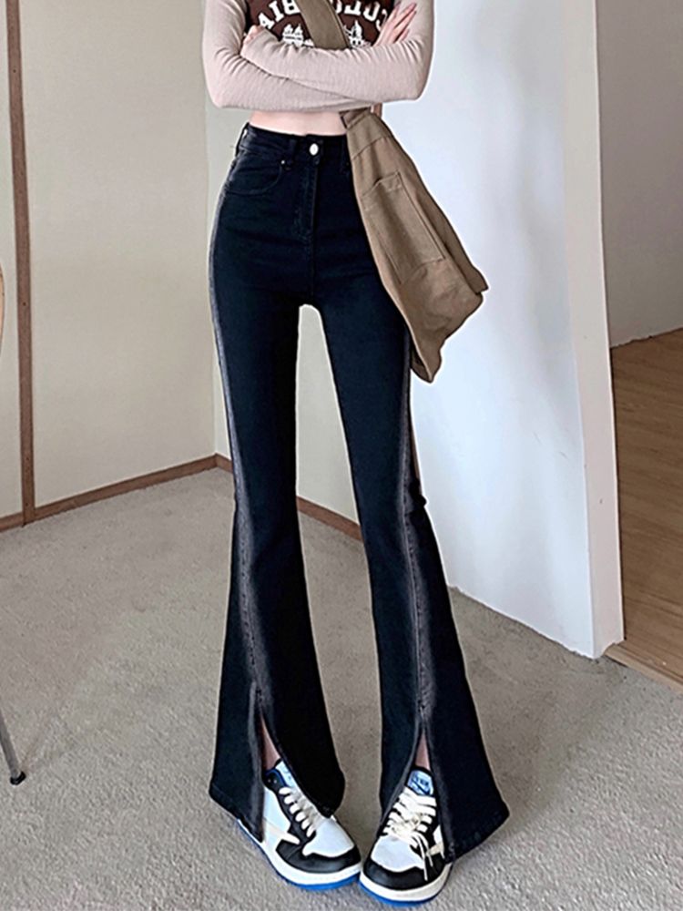 YSYOURS黑色漸變開叉牛仔褲女春秋梨形身材大碼高腰顯瘦微喇褲子