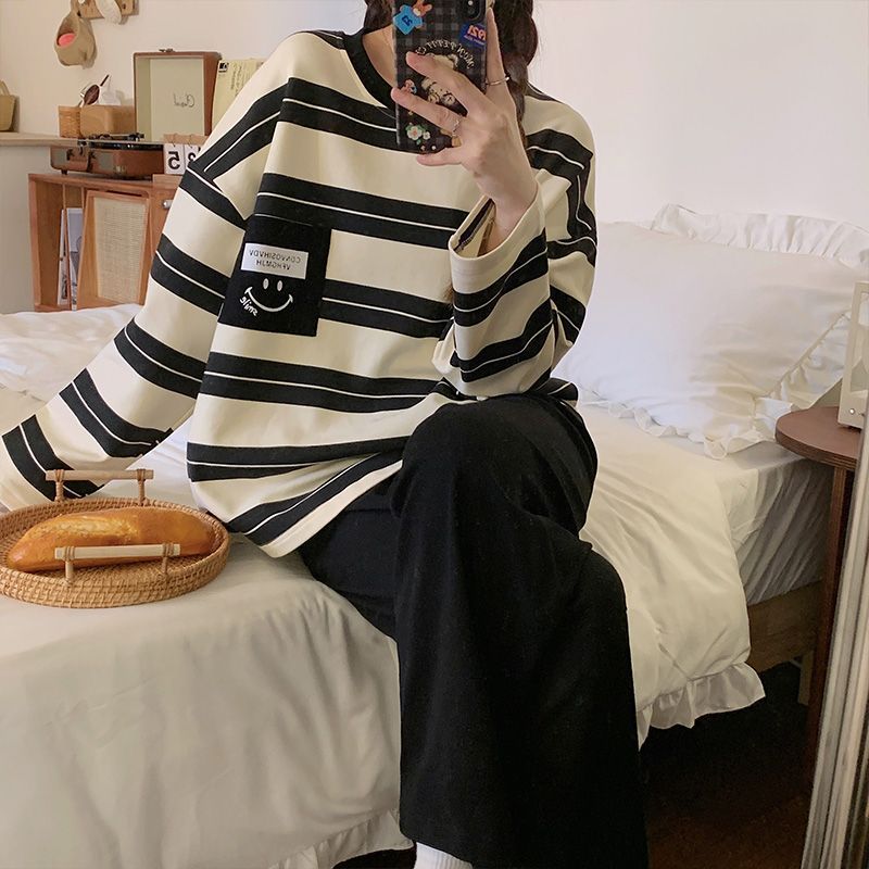 日系簡約條紋睡衣女春秋季長袖套裝可愛學生小個子可外穿家居服