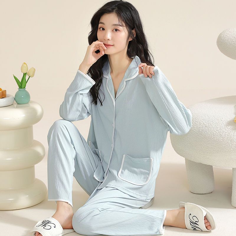 新款高檔純棉睡衣女士春秋季開衫長袖套裝寬鬆秋冬天家居服可外穿