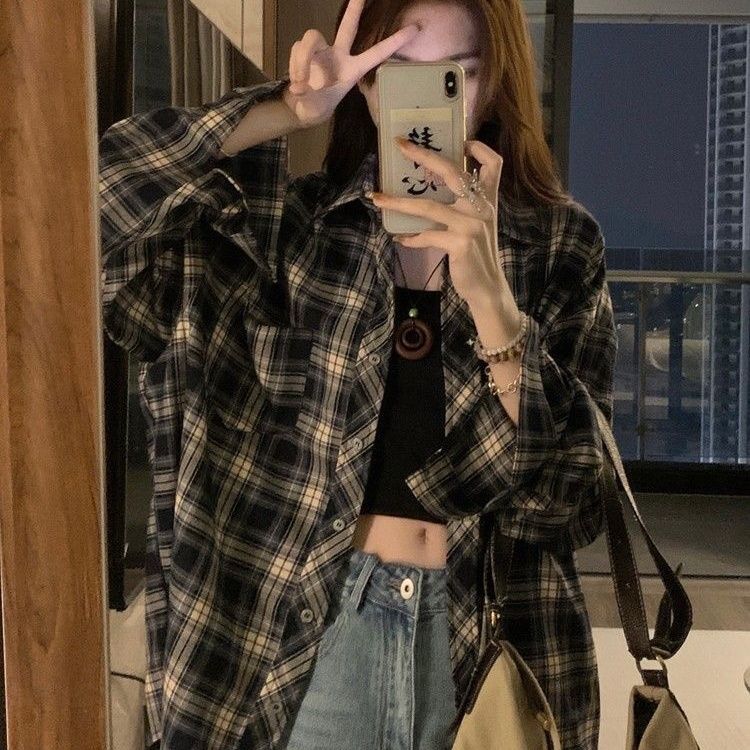 休閒穿搭格子襯衫女慵懶風復古寬鬆襯衣開衫防曬長袖上衣春秋季